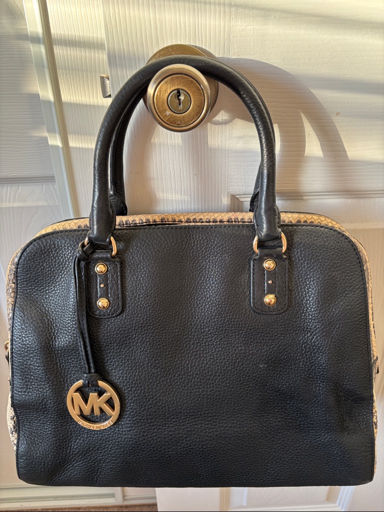 Michael Kors Black Leather Satchel With Snake-Print Accent And Gold Hardware